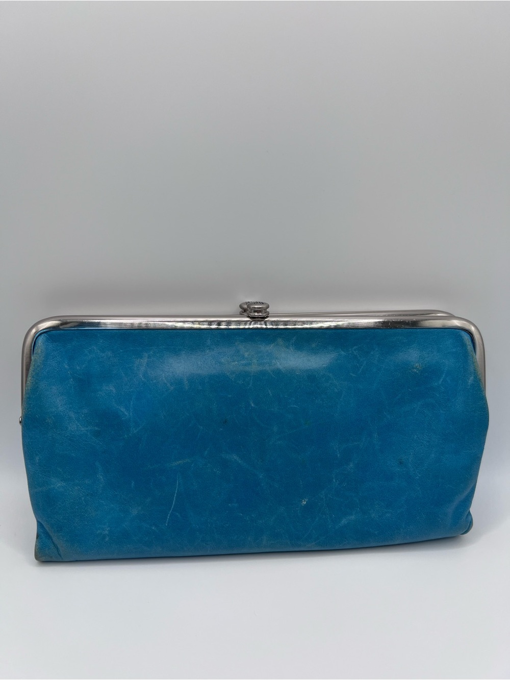 HOBO Lauren Wallet Teal Blue Leather Frame Clutch Double Kiss Lock well loved